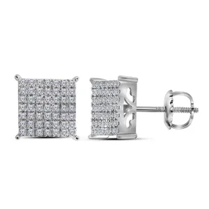 10K White Gold Round Diamond Square Cluster Stud Earrings 3/4 Cttw