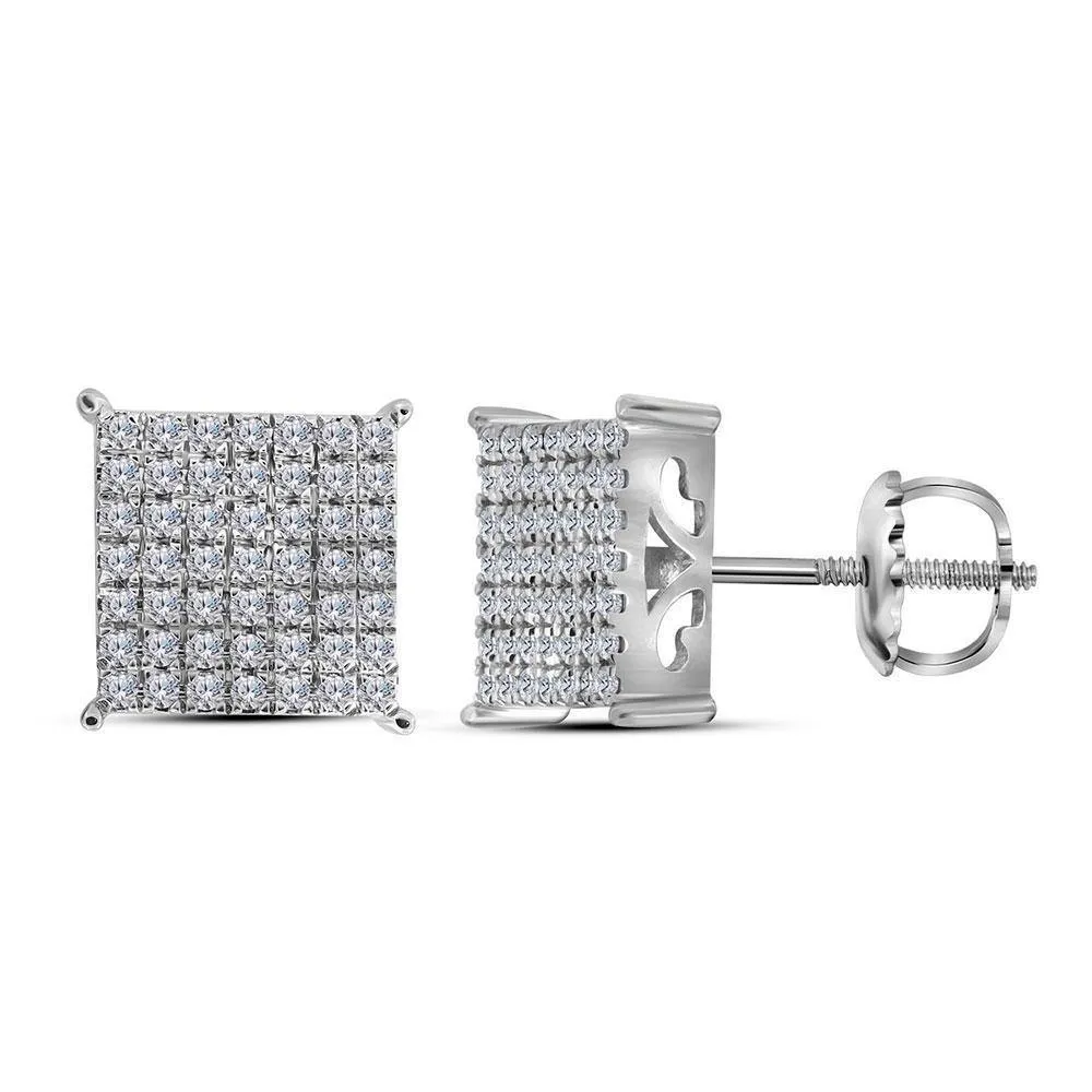 10K White Gold Round Diamond Square Cluster Stud Earrings 3/4 Cttw