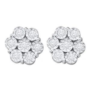 10K White Gold Round Illusion-set Diamond Flower Cluster Earrings 1.00 Cttw