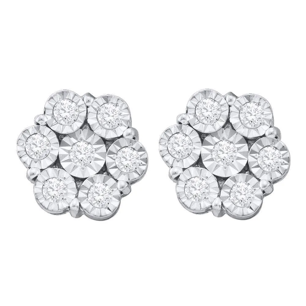 10K White Gold Round Illusion-set Diamond Flower Cluster Earrings 1.00 Cttw