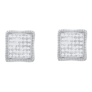 10K White Gold Round Pave-set Diamond Square Cluster Milgrain Earrings 1/4 Cttw