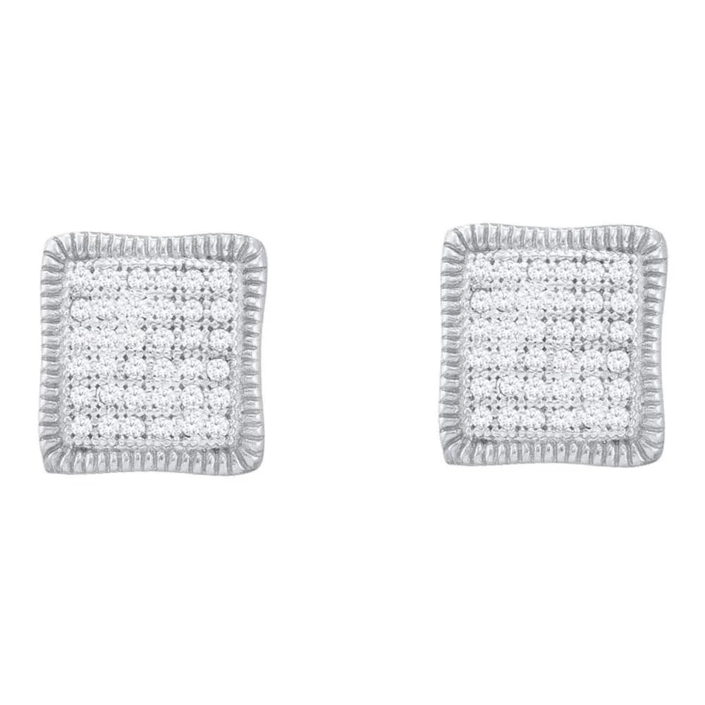 10K White Gold Round Pave-set Diamond Square Cluster Milgrain Earrings 1/4 Cttw