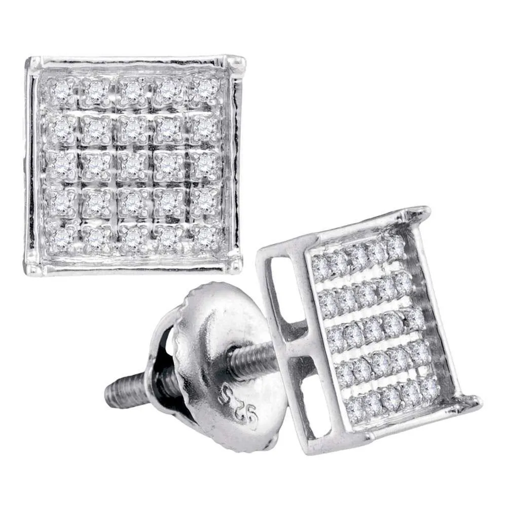 10K White Gold Unisex Round Diamond Square Cluster Stud Earrings 1/6 Cttw