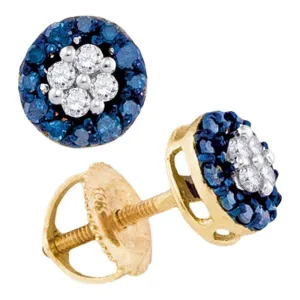 10k Yellow Gold Blue Color Enhanced Round Cluster Diamond Screwback Stud Earrings 1/3 Cttw