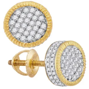 10K Yellow Gold Mens Round Diamond Fluted Circle Cluster Stud Earrings 3/4 Cttw
