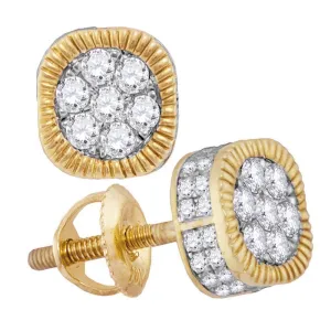 10K Yellow Gold Mens Round Diamond Fluted Flower Cluster Earrings 1.00 Cttw