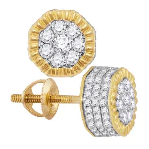 10K Yellow Gold Mens Round Diamond Fluted Hexagon Cluster Stud Earrings 3/4 Cttw