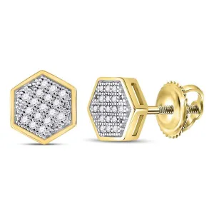 10K Yellow Gold Mens Round Diamond Hexagon Cluster Stud Earrings 1/10 Cttw