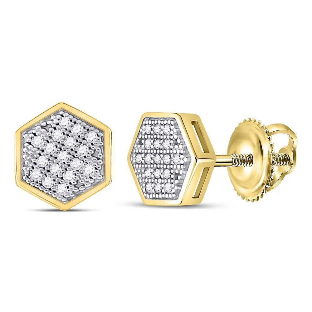 10K Yellow Gold Mens Round Diamond Hexagon Cluster Stud Earrings 1/10 Cttw