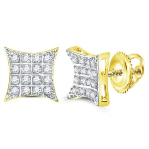 10K Yellow Gold Mens Round Diamond Kite Square Cluster Stud Earrings 1/10 Cttw
