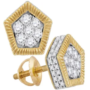 10K Yellow Gold Mens Round Diamond Polygon Fluted Cluster Stud Earrings 3/4 Cttw