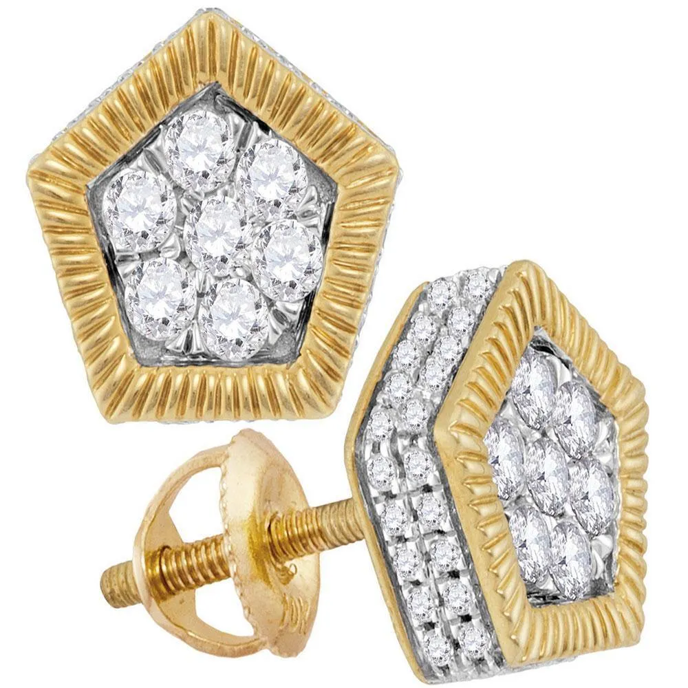 10K Yellow Gold Mens Round Diamond Polygon Fluted Cluster Stud Earrings 3/4 Cttw