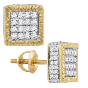 10K Yellow Gold Mens Round Diamond Square 3D Cluster Stud Earrings 3/4 Cttw