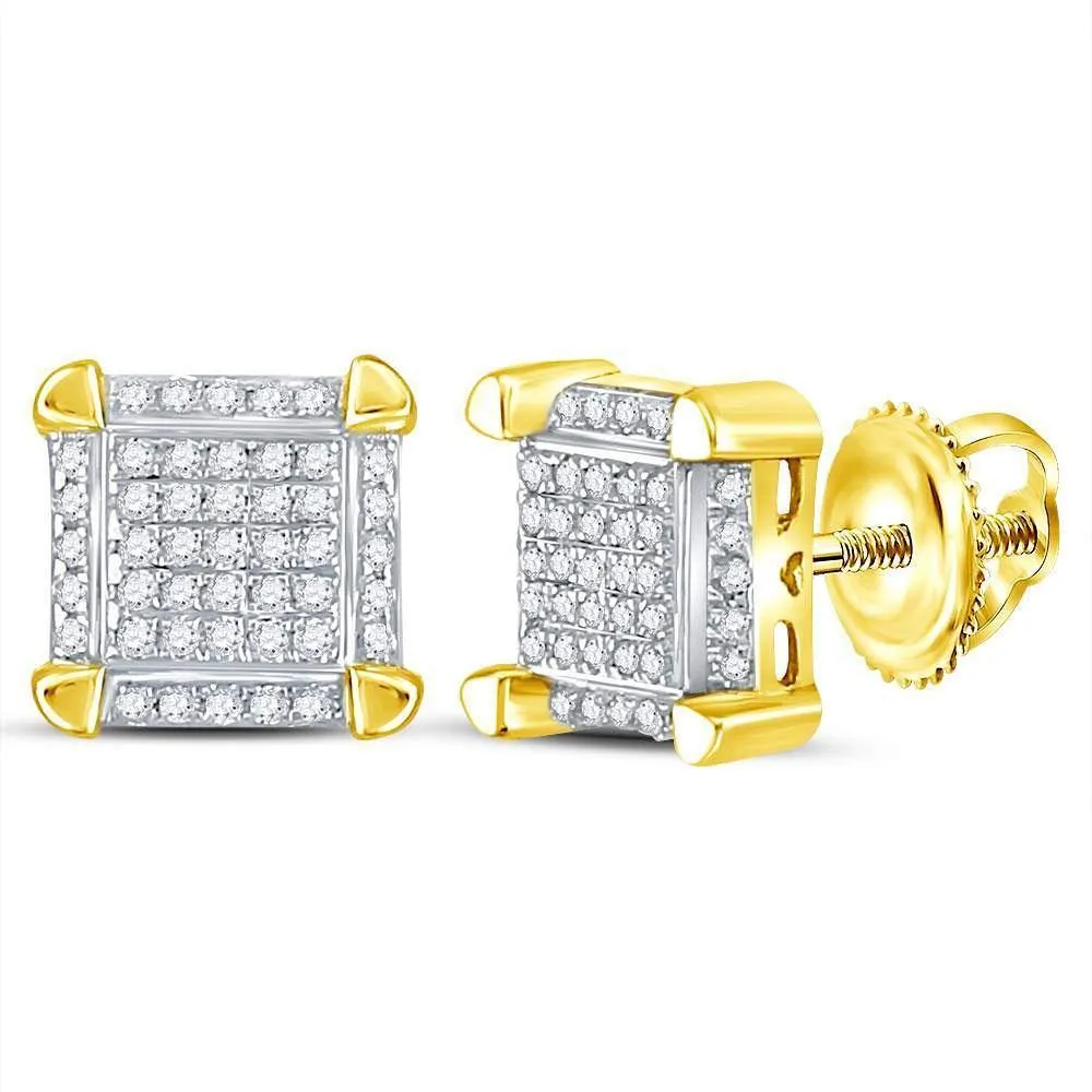 10K Yellow Gold Mens Round Diamond Square Cluster Stud Earrings 1/6 Cttw