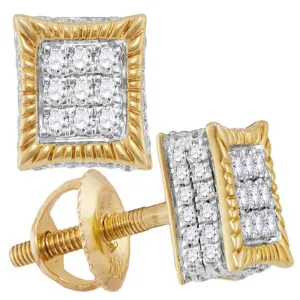 10K Yellow Gold Mens Round Diamond Square Fluted 3D Cluster Stud Earrings 1/3 Cttw