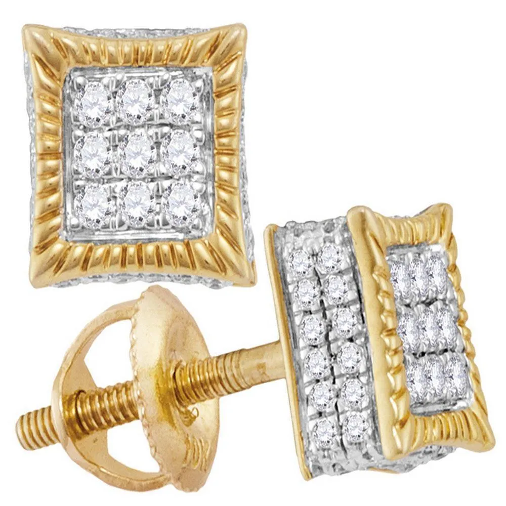 10K Yellow Gold Mens Round Diamond Square Fluted 3D Cluster Stud Earrings 1/3 Cttw