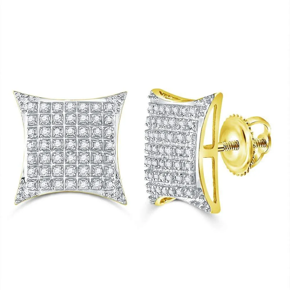 10K Yellow Gold Mens Round Diamond Square Kite Cluster Stud Earrings 1/3 Cttw