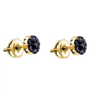 10K Yellow Gold Round Black Color Enhanced Diamond Flower Cluster Screwback Earrings 3/8 Cttw