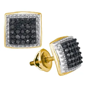 10K Yellow Gold Round Black Color Enhanced Diamond Square Cluster Earrings 1/2 Cttw