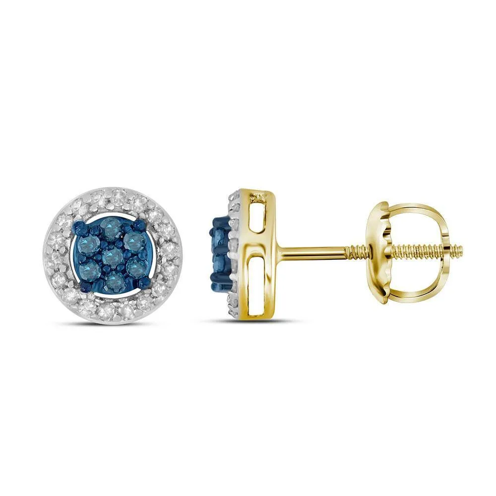 10k Yellow Gold Round Blue Color Enhanced Diamond Cluster Stud Screwback Earrings 1/4 Cttw
