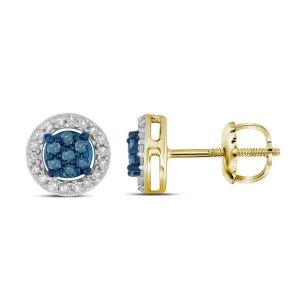 10k Yellow Gold Round Blue Color Enhanced Diamond Cluster Stud Screwback Earrings 1/4 Cttw