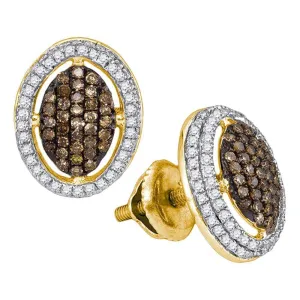 10K Yellow Gold Round Cognac-brown Color Enhanced Diamond Oval Cluster Earrings 1/2 Cttw