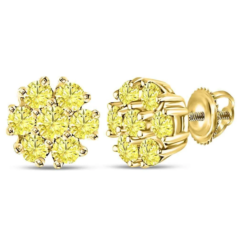 10K Yellow Gold Round Color Enhanced Diamond Flower Cluster Earrings 1/2 Cttw