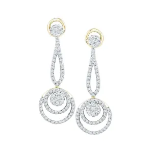 10K Yellow Gold Round Diamond Circle Cluster Dangle Earrings 1.00 Cttw