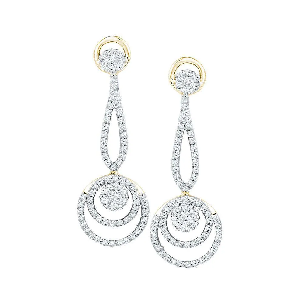 10K Yellow Gold Round Diamond Circle Cluster Dangle Earrings 1.00 Cttw