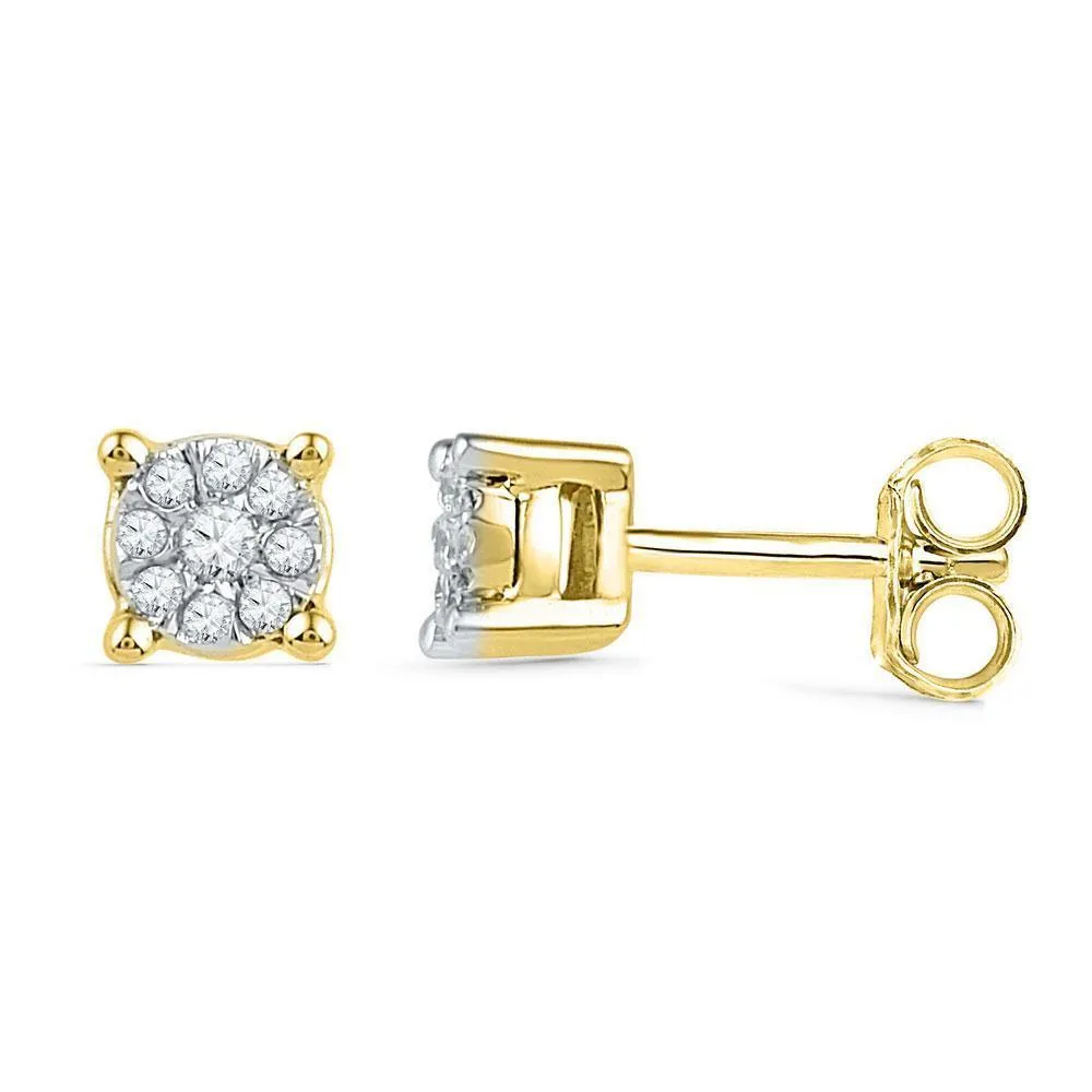 10K Yellow Gold Round Diamond Cluster Earrings 1/10 Cttw