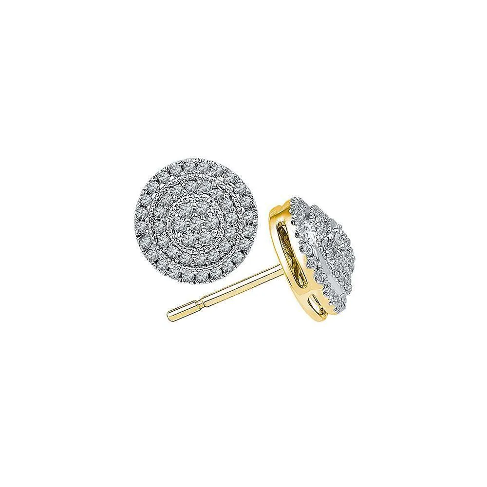 10K Yellow Gold Round Diamond Concentric Circle Frame Cluster Earrings 1/2 Cttw