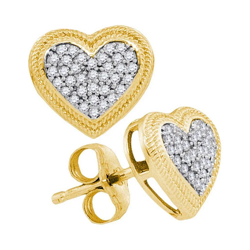 10K Yellow Gold Round Diamond Heart Cluster Earrings 1/5 Cttw