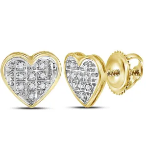 10K Yellow Gold Round Diamond Heart Cluster Stud Earrings 1/20 Cttw