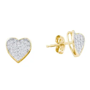 10K Yellow Gold Round Diamond Heart Cluster Stud Earrings 1/5 Cttw