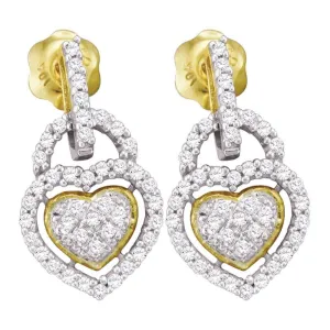 10K Yellow Gold Round Diamond Heart Frame Cluster Dangle Earrings 1/3 Cttw