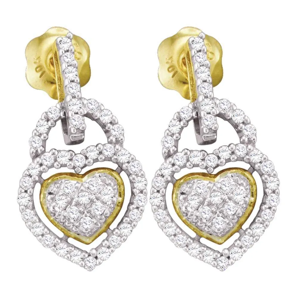 10K Yellow Gold Round Diamond Heart Frame Cluster Dangle Earrings 1/3 Cttw