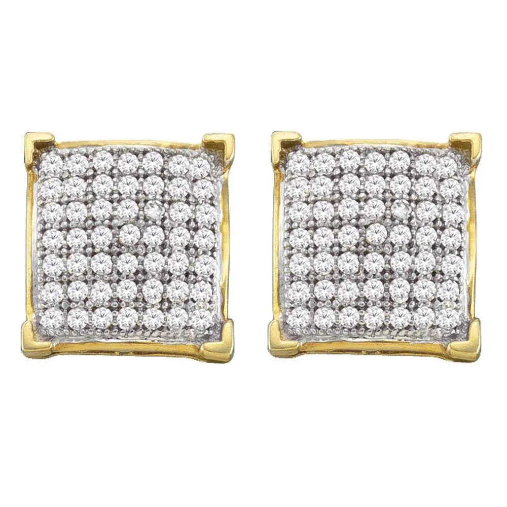 10K Yellow Gold Round Diamond Square Cluster Screwback Earrings 1/3 Cttw