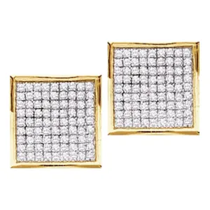 10K Yellow Gold Round Diamond Square Cluster Stud Earrings 1/20 Cttw