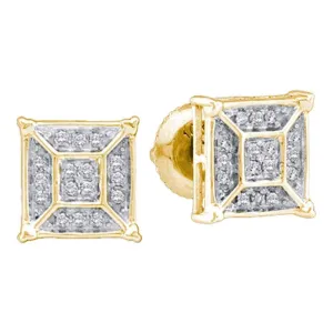 10K Yellow Gold Round Diamond Square Geomteric Cluster Earrings 1/10 Cttw