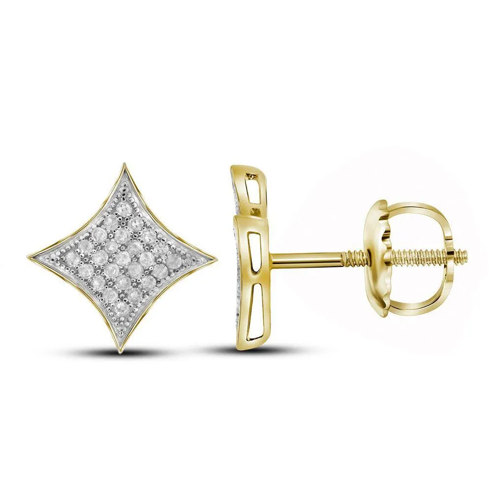 10K Yellow Gold Round Diamond Square Kite Cluster Stud Earrings 1/6 Cttw