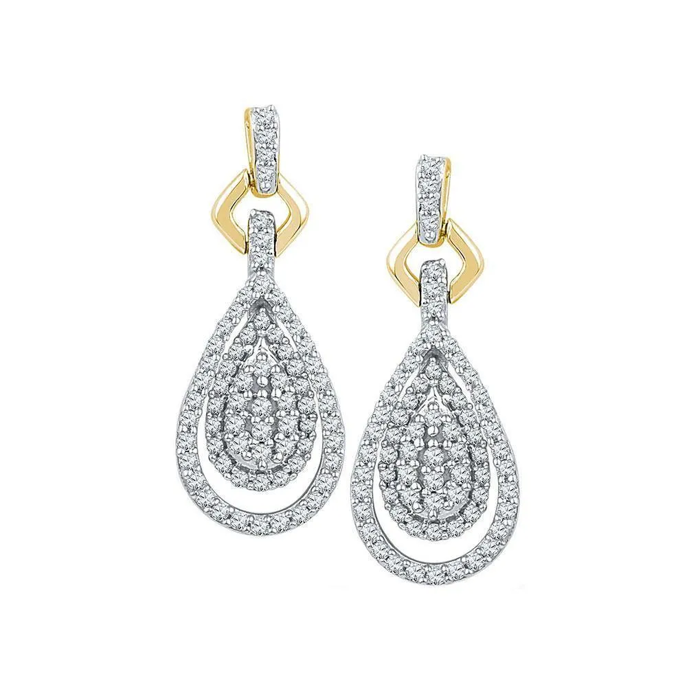 10K Yellow Gold Round Diamond Teardrop Cluster Dangle Earrings 1/2 Cttw
