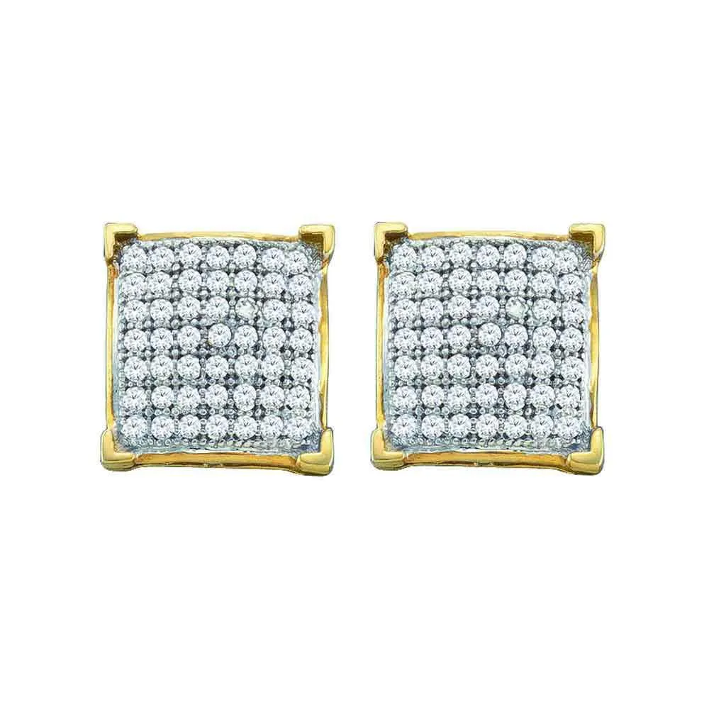 10K Yellow Gold Round Pave-set Diamond Square Cluster Earrings 1/10 Cttw