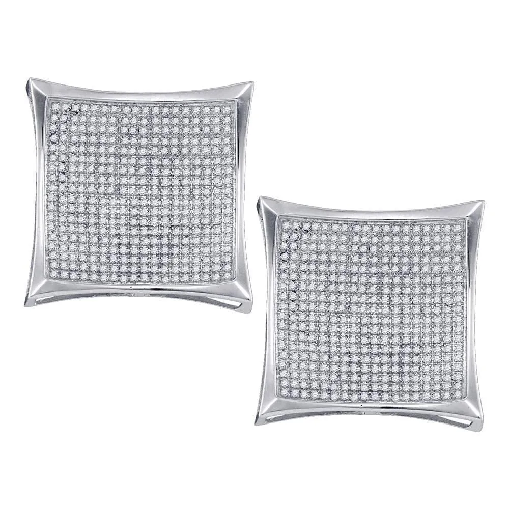10kt White Gold Womens Round Diamond Square Kite Cluster Screwback Earrings 1-7/8 Cttw