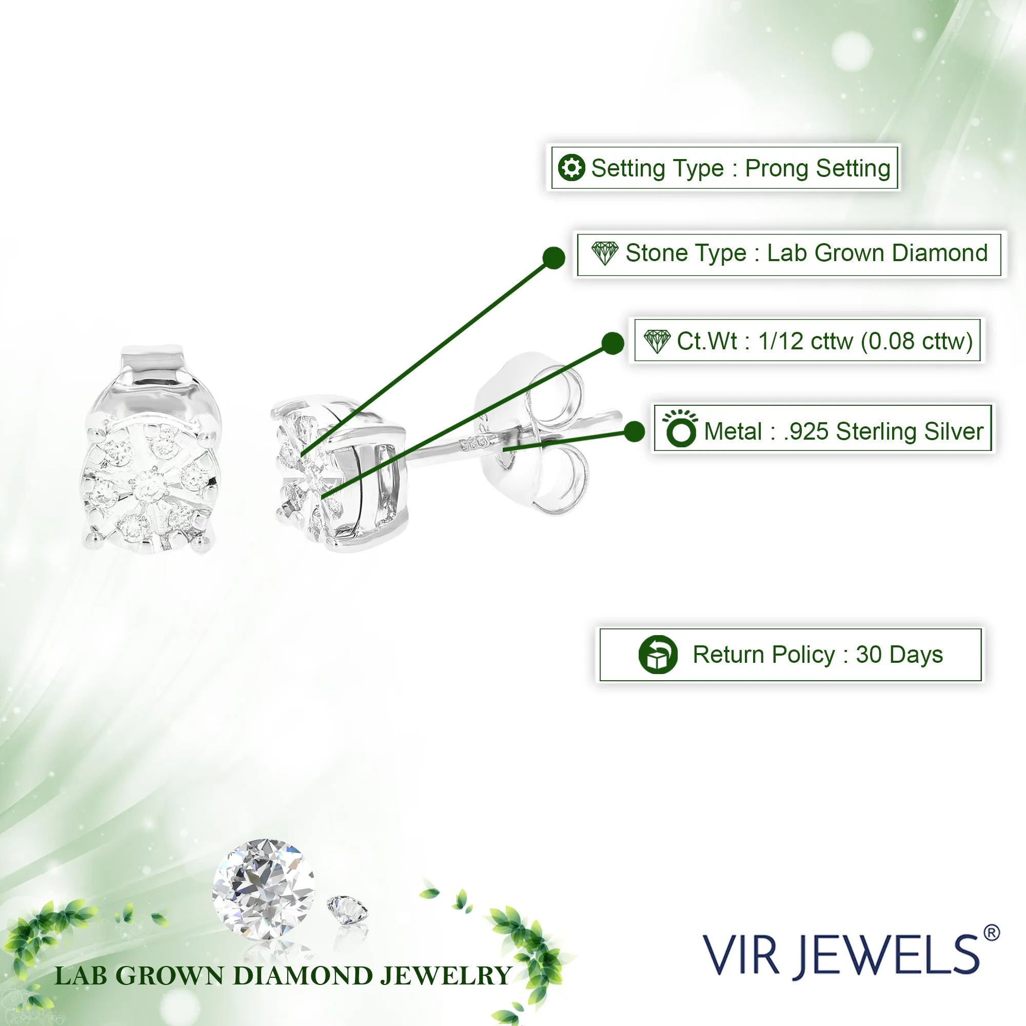 1/12 cttw Composite Diamond Stud Earrings in .925 Sterling Silver