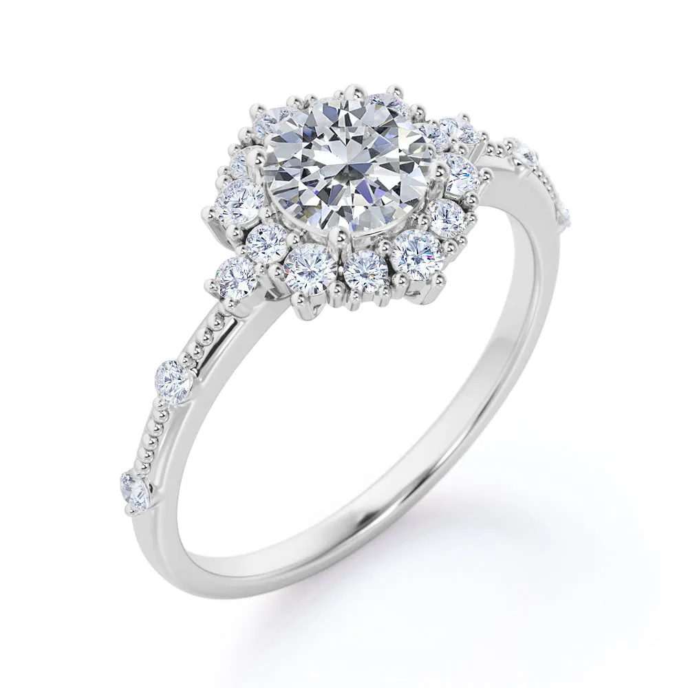1.2 carat Round cut Moissanite and diamond Milgrain and halo engagement ring for women in rose gold