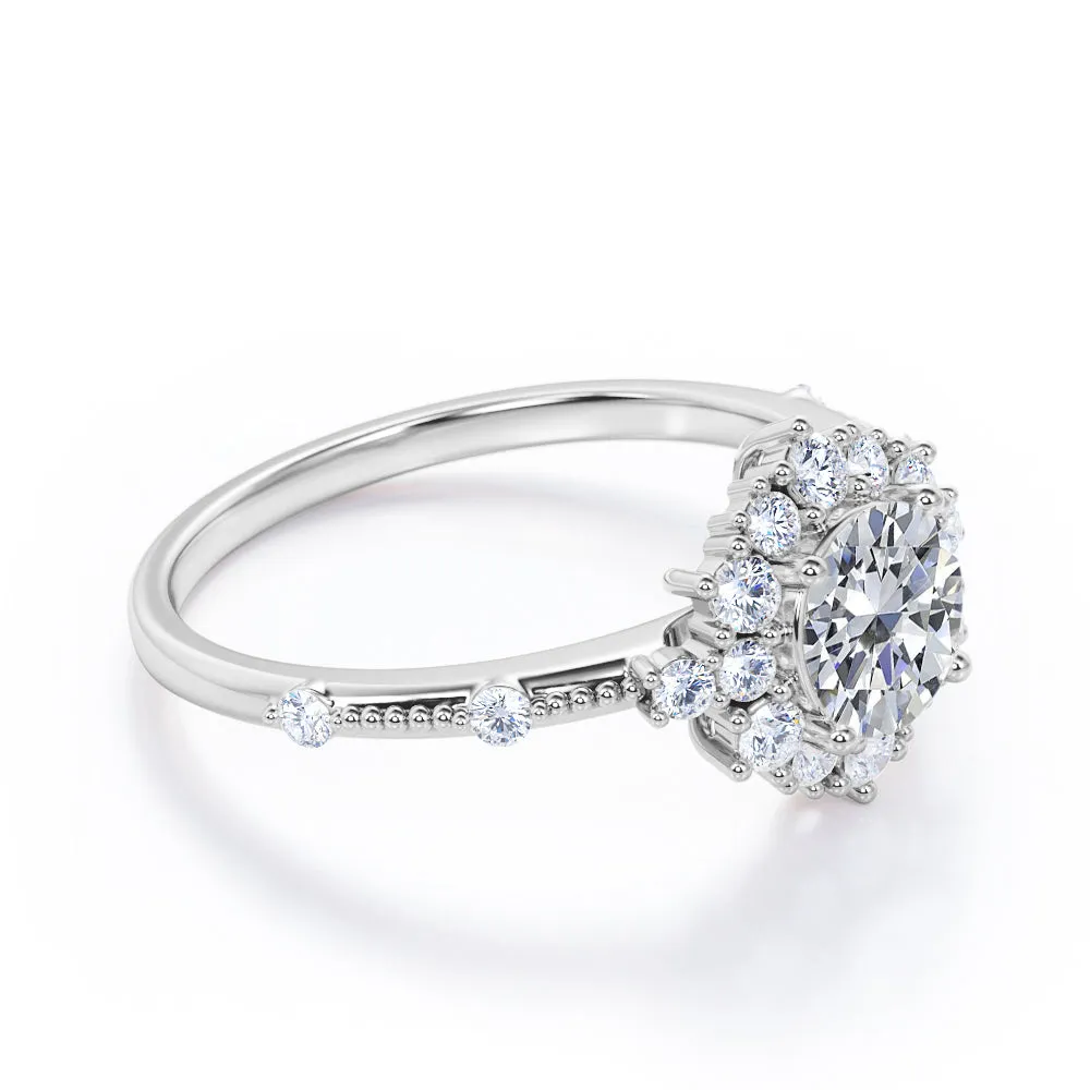 1.2 carat Round cut Moissanite and diamond Milgrain and halo engagement ring for women in rose gold