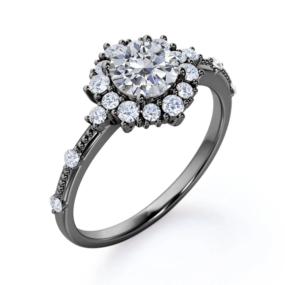 1.2 carat Round cut Moissanite and diamond Milgrain and halo engagement ring for women in rose gold