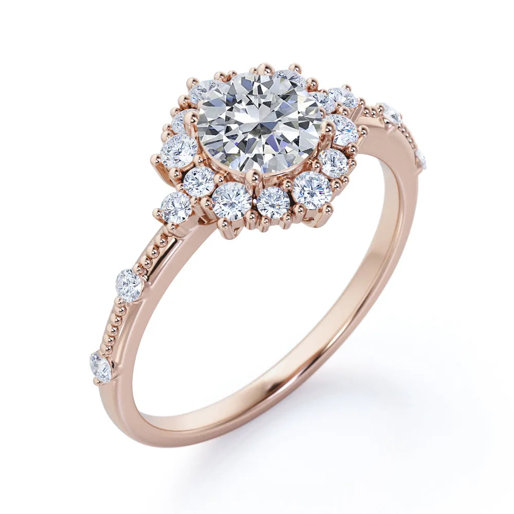 1.2 carat Round cut Moissanite and diamond Milgrain and halo engagement ring for women in rose gold
