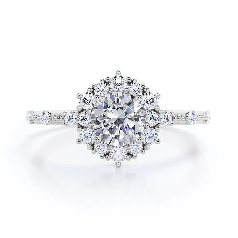 1.2 carat Round cut Moissanite and diamond Milgrain and halo engagement ring for women in rose gold