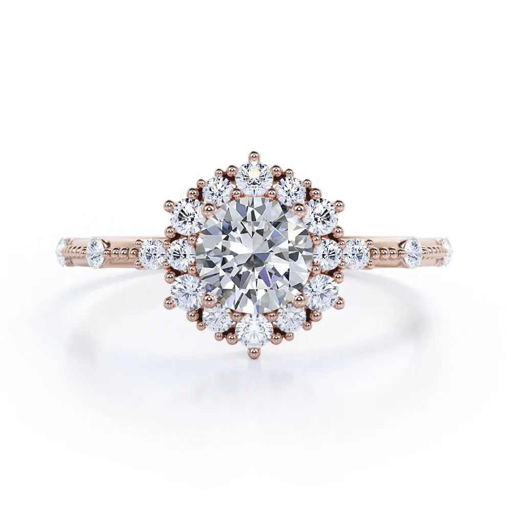 1.2 carat Round cut Moissanite and diamond Milgrain and halo engagement ring for women in rose gold